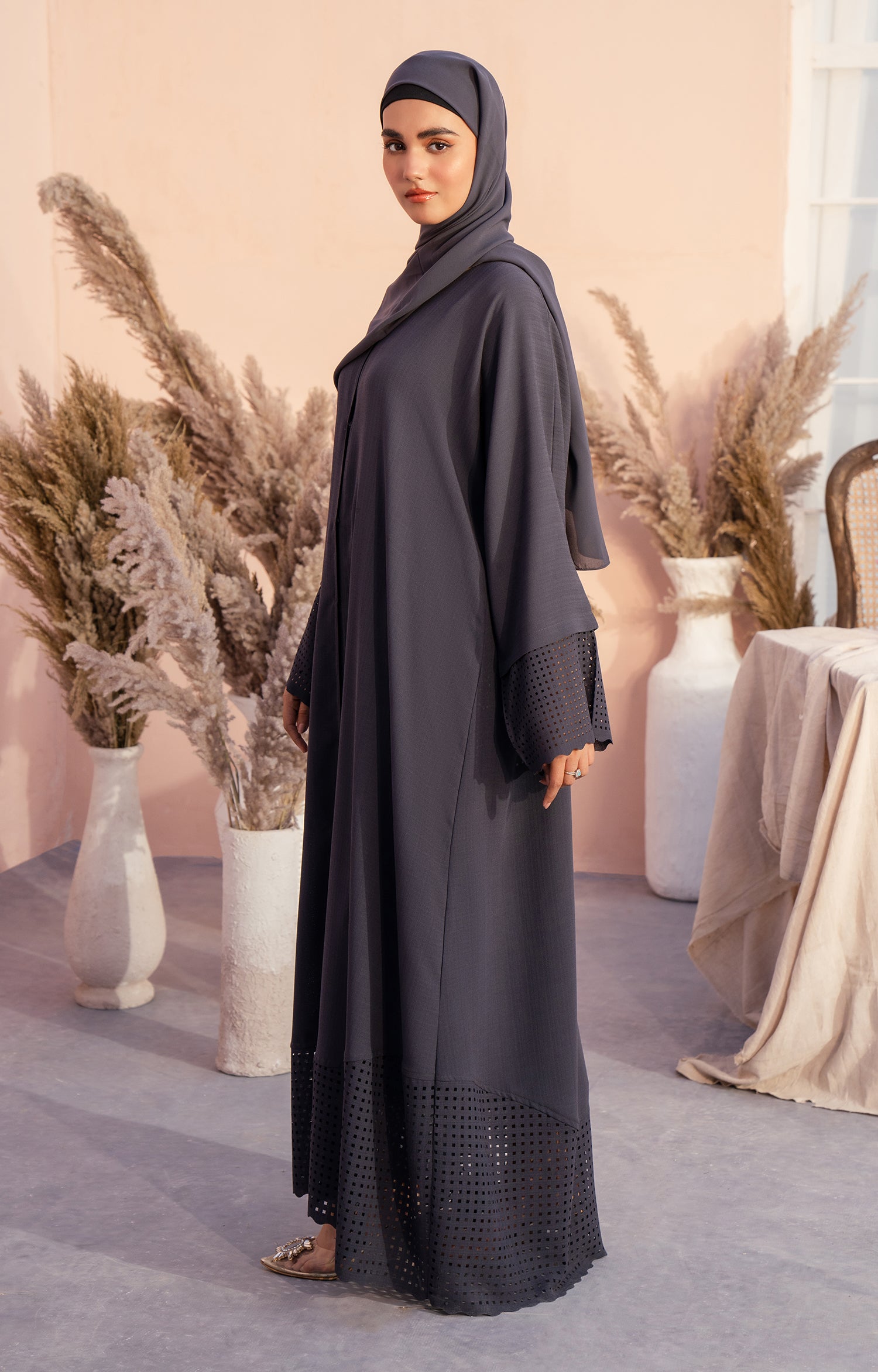 GREY DUST FRONT OPEN ABAYA