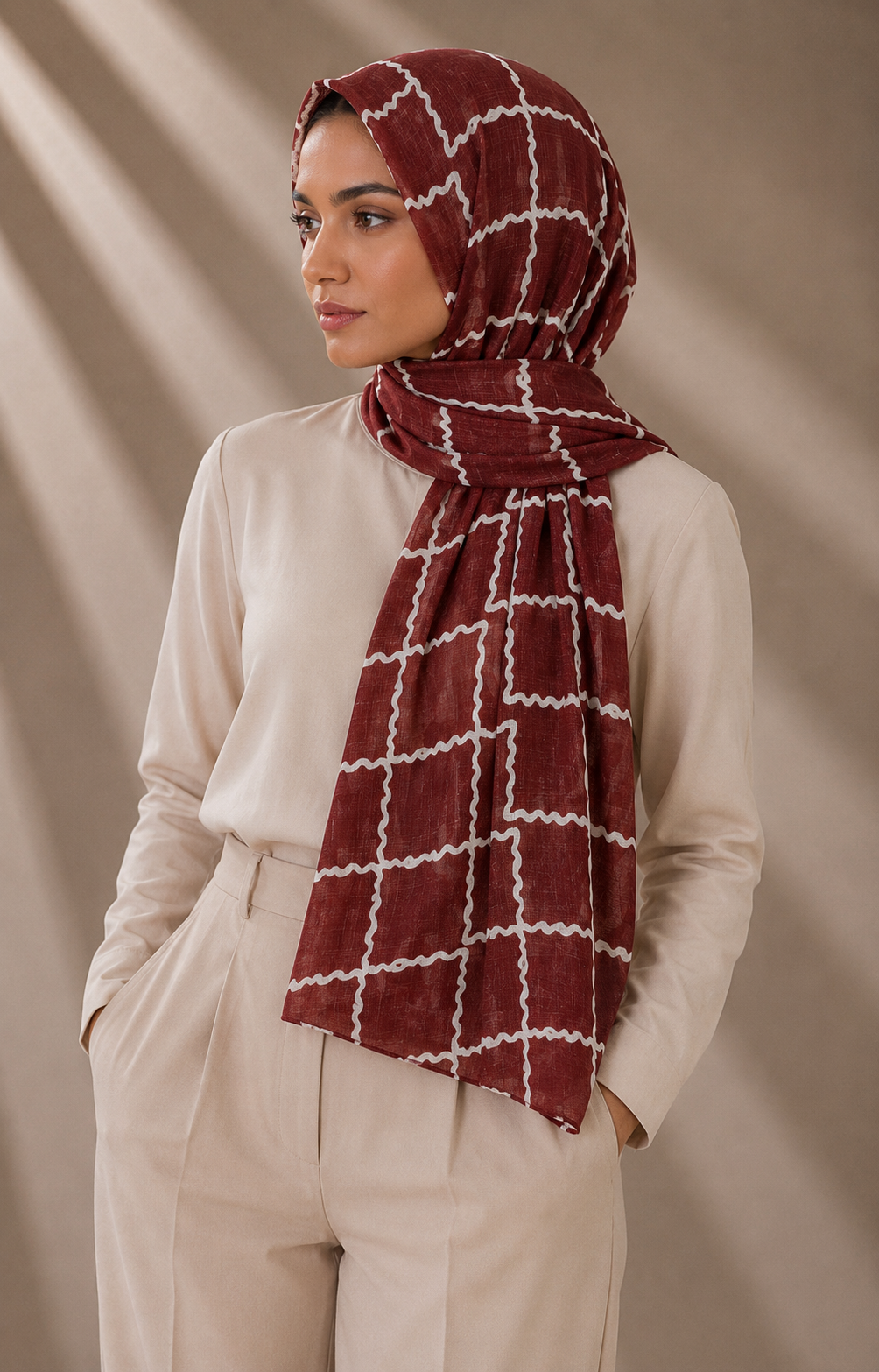 Printed Lawn Hijab - Soft Red