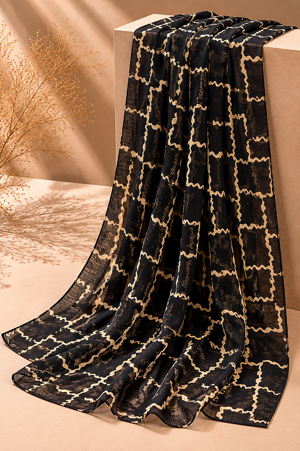 Printed Lawn Hijab - Black Gold