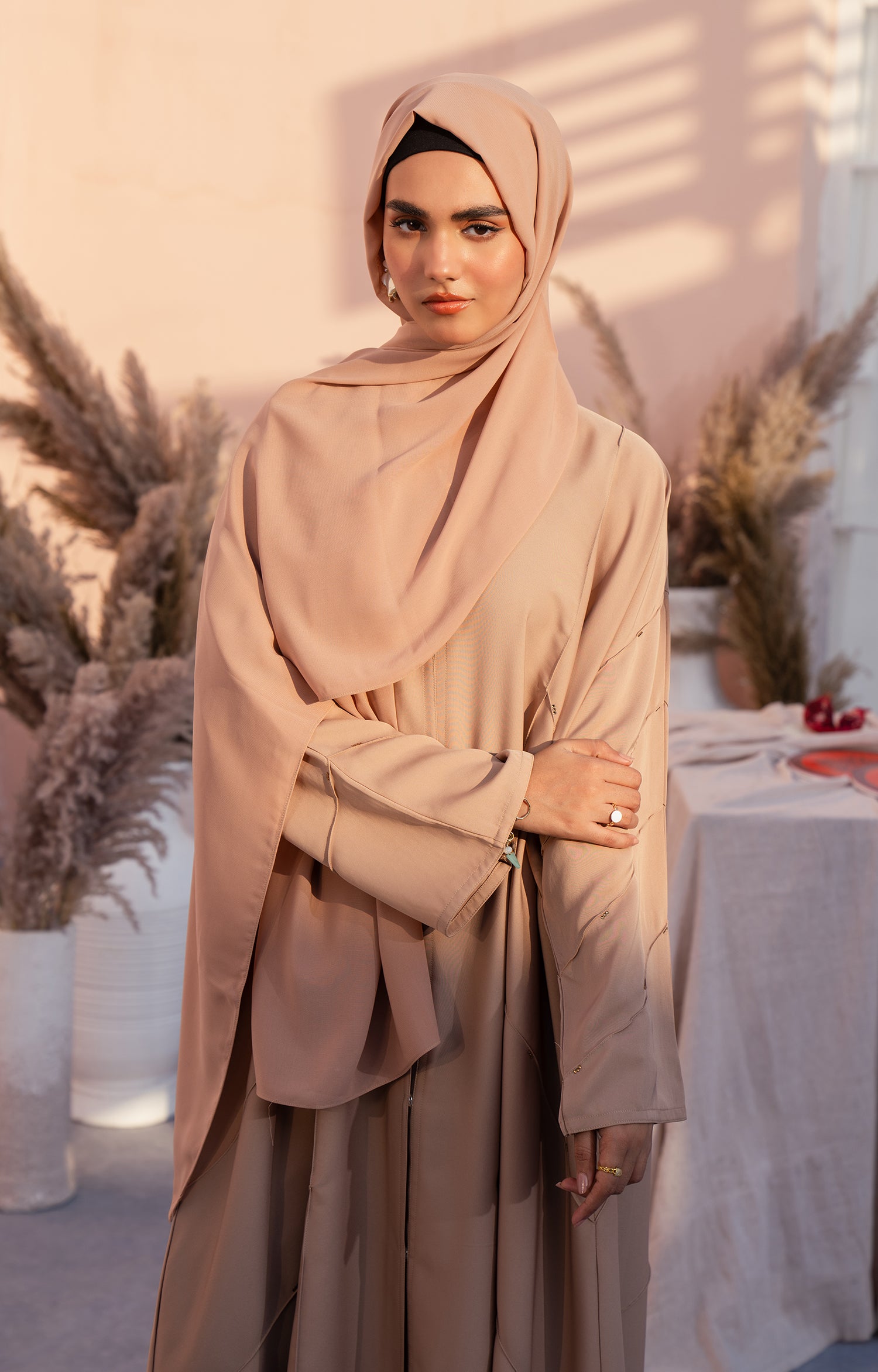 BEIGE STONE FRONT OPEN ABAYA