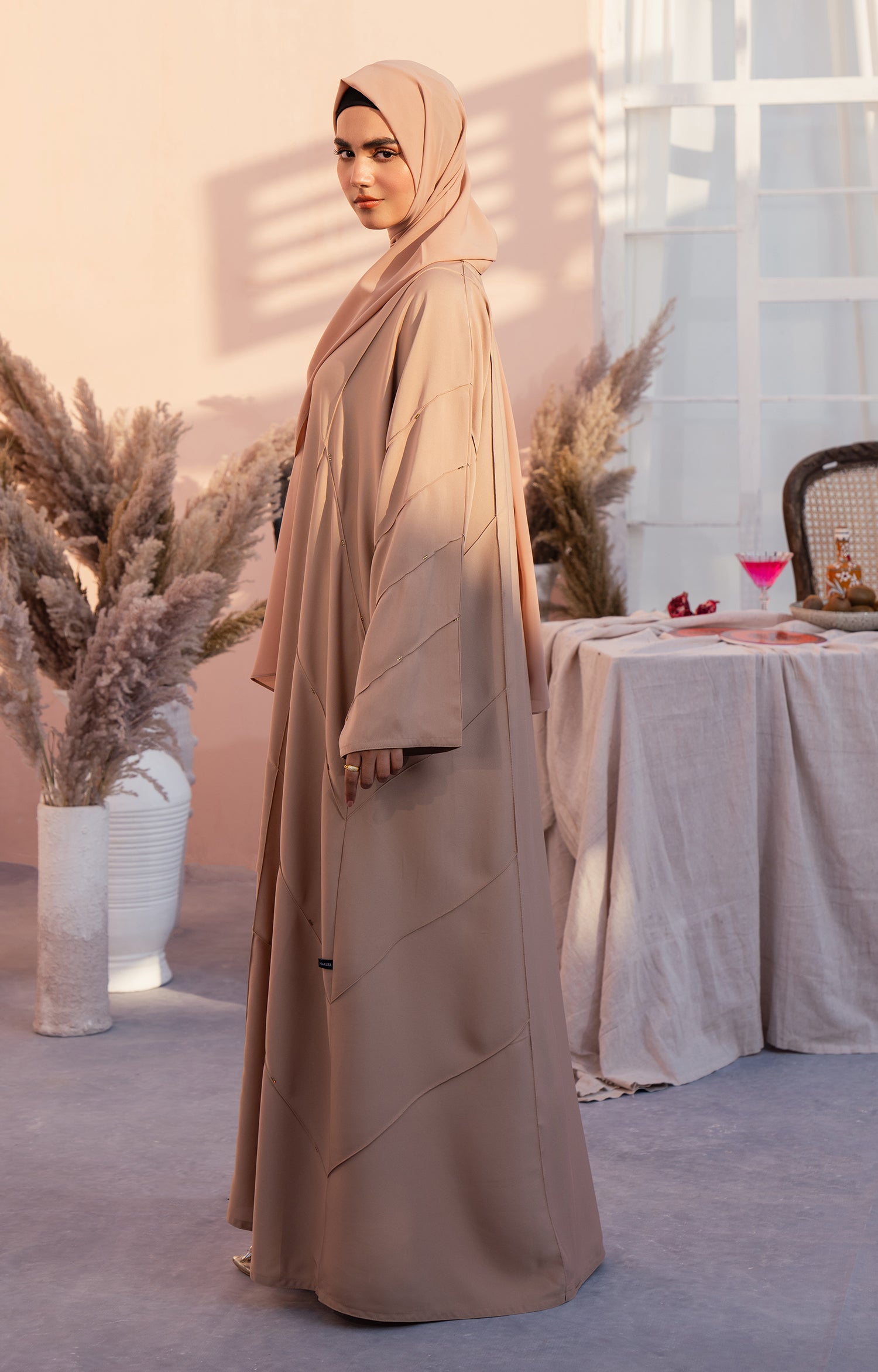 BEIGE STONE FRONT OPEN ABAYA