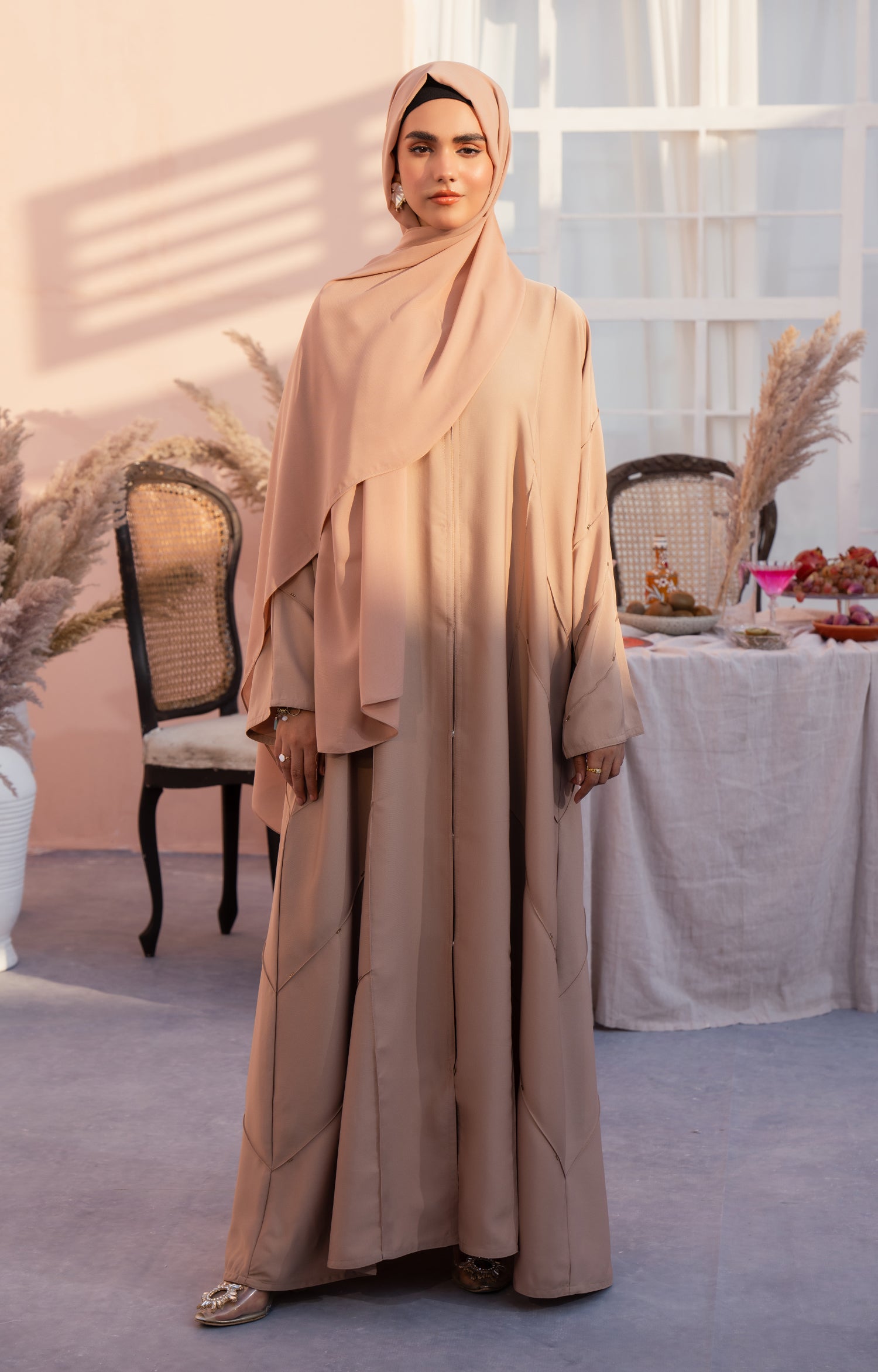 BEIGE STONE FRONT OPEN ABAYA