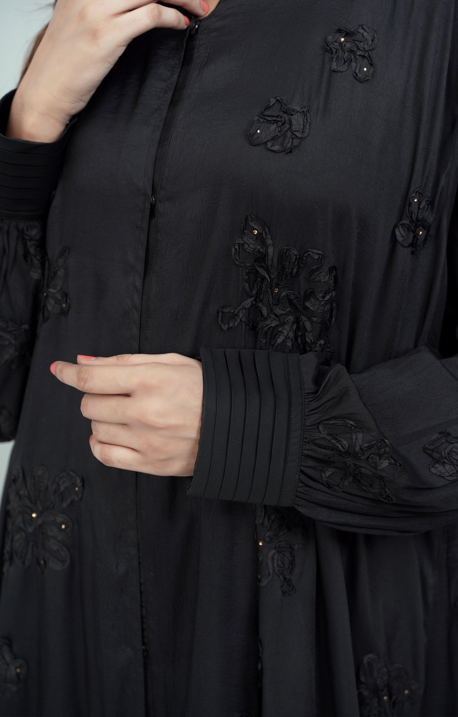 3D floral fabric front open Abaya