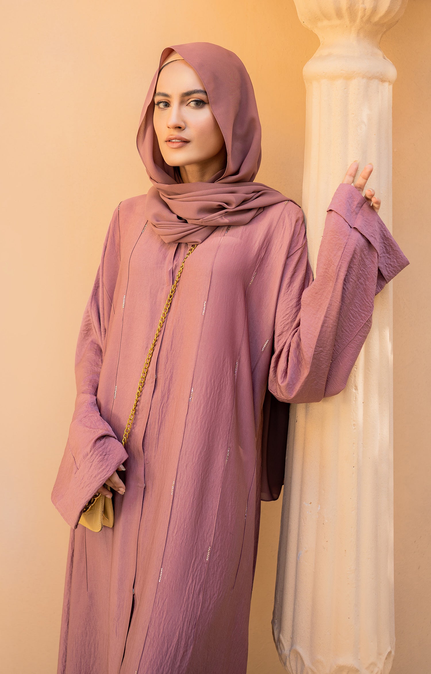 PINK SUEDE FRONT OPEN ABAYA