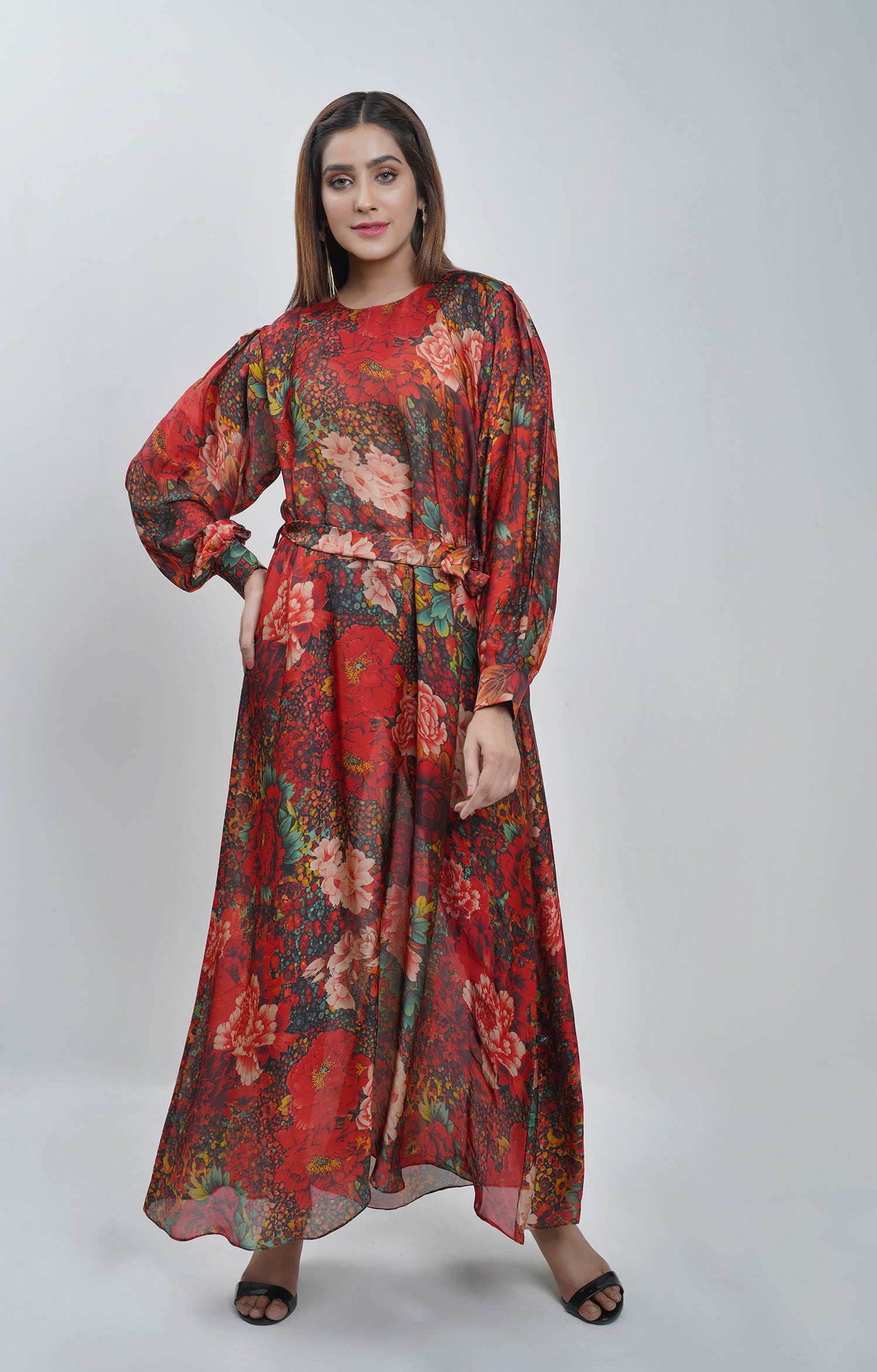 Red Empress Floral Modest Dress
