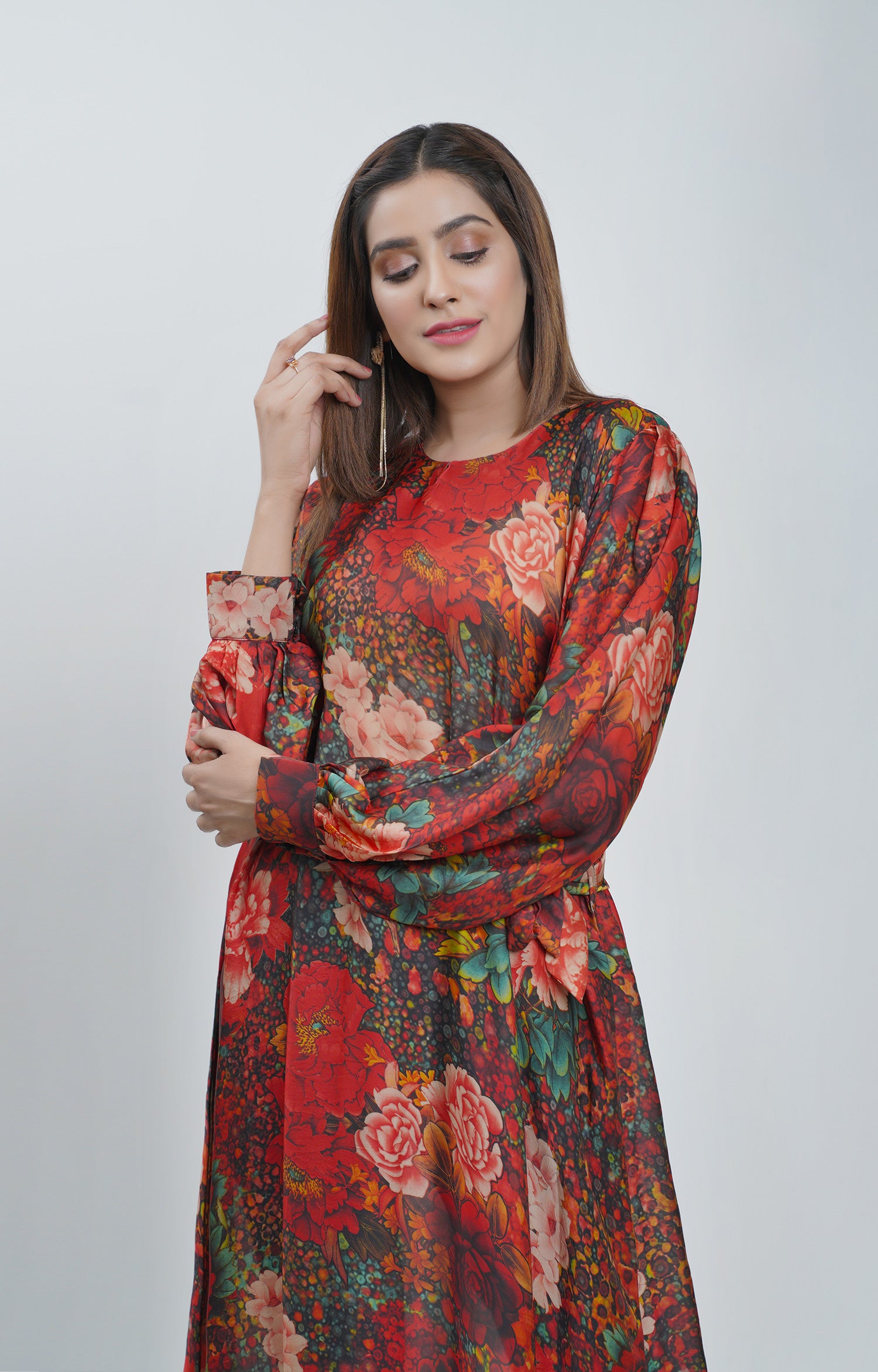 Red Empress Floral Modest Dress