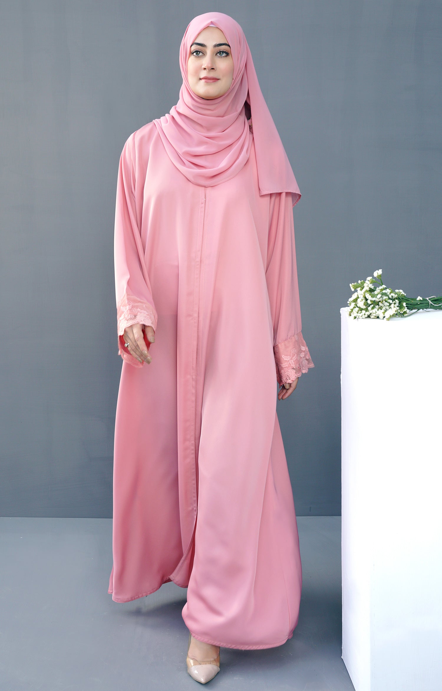 Camellia Pink Front Open Abaya