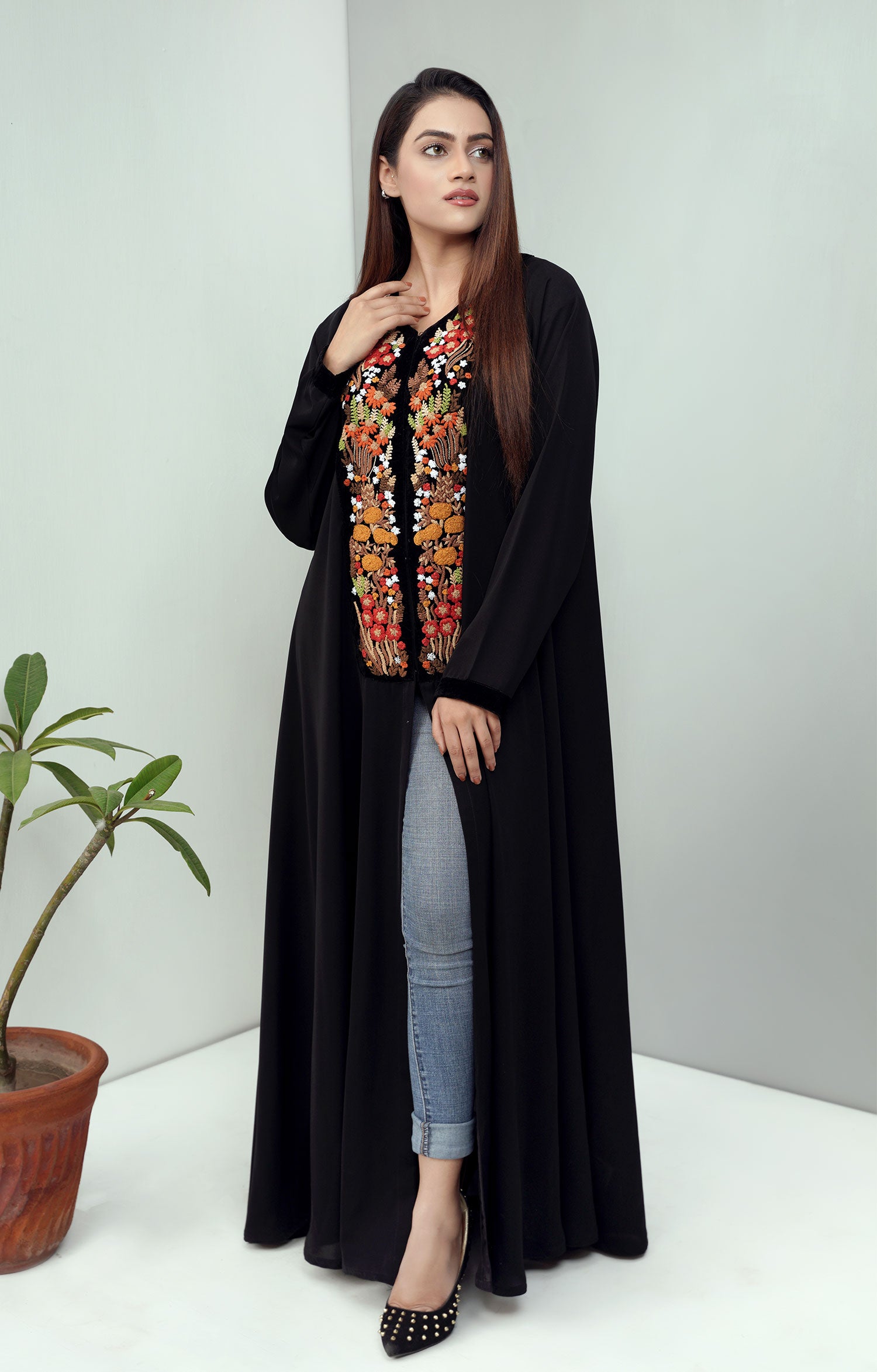 Luxury front embroidered velvet abaya