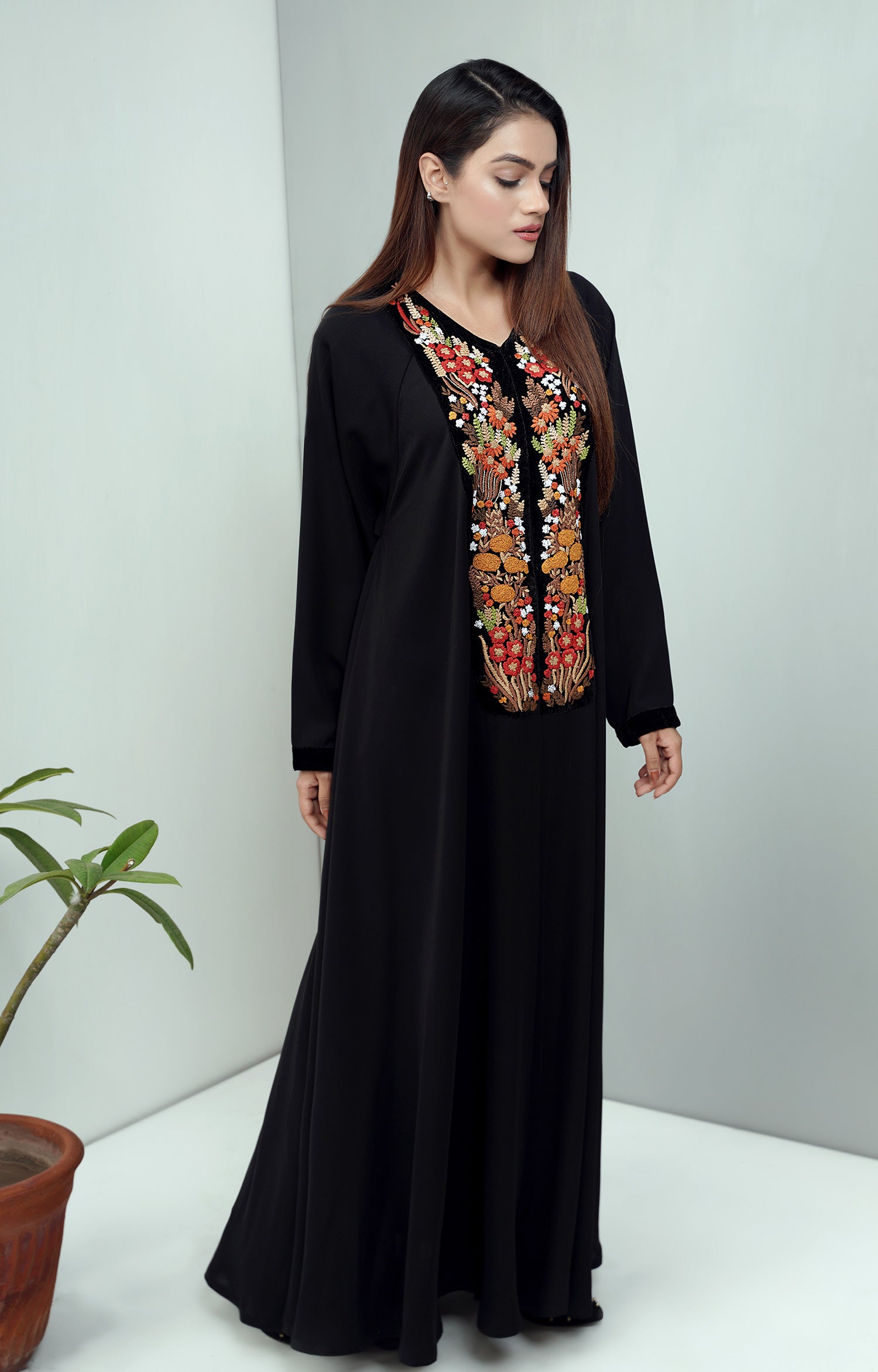 Luxury front embroidered velvet abaya