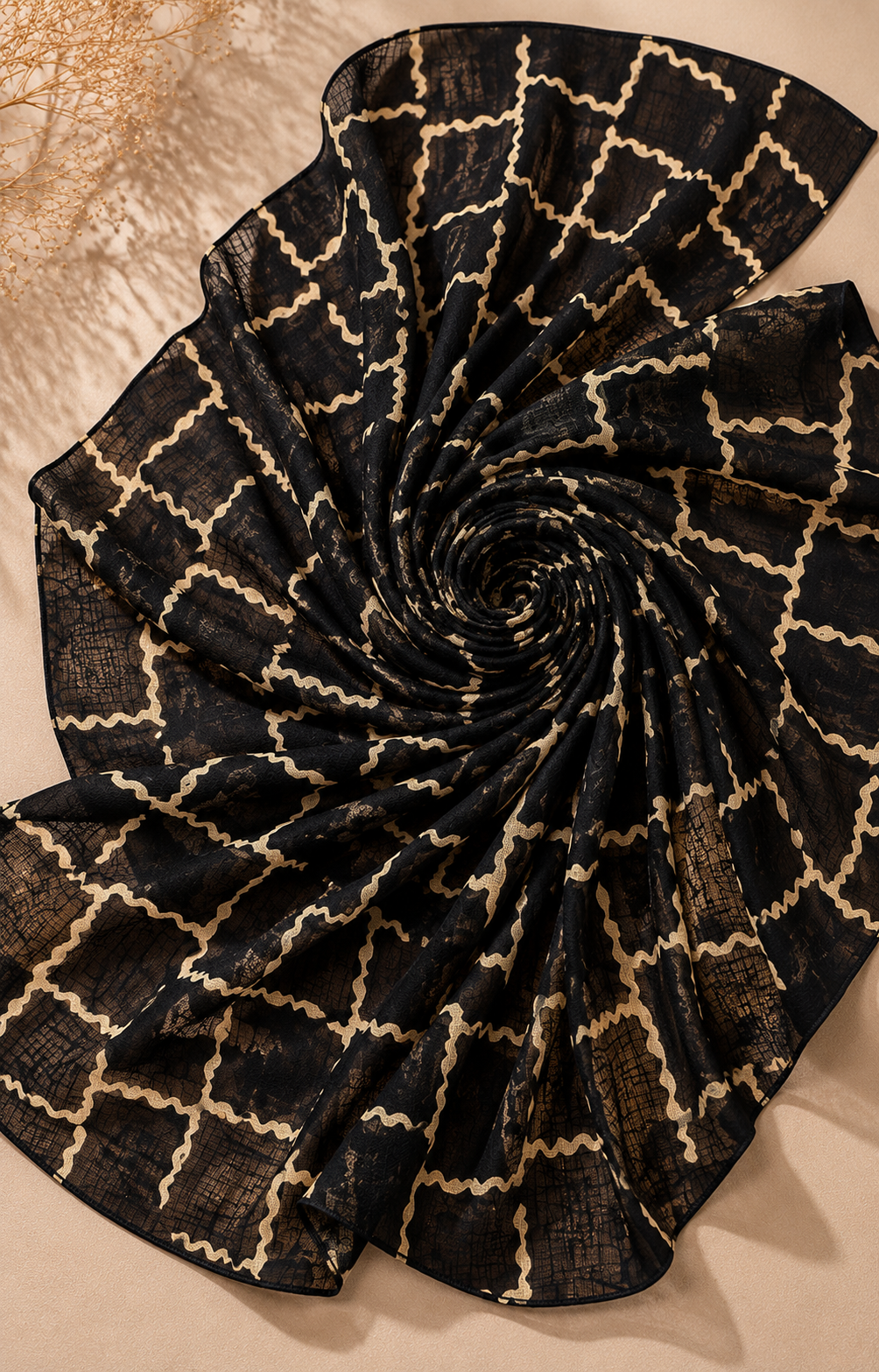 Printed Lawn Hijab - Black Gold