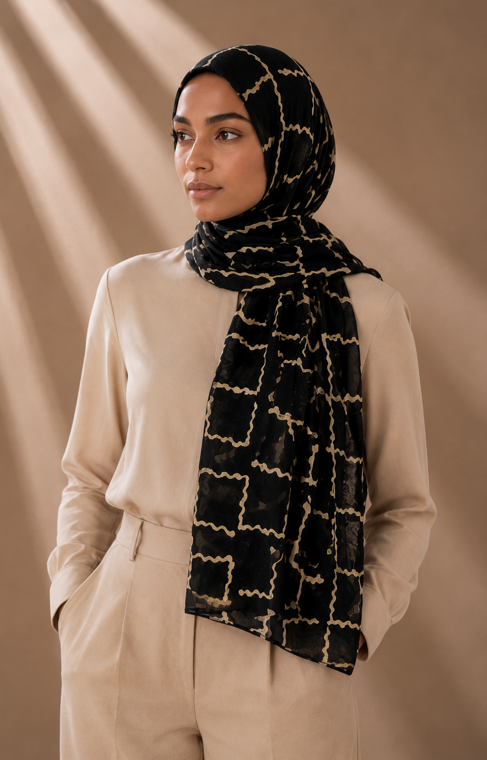 Printed Lawn Hijab - Black Gold
