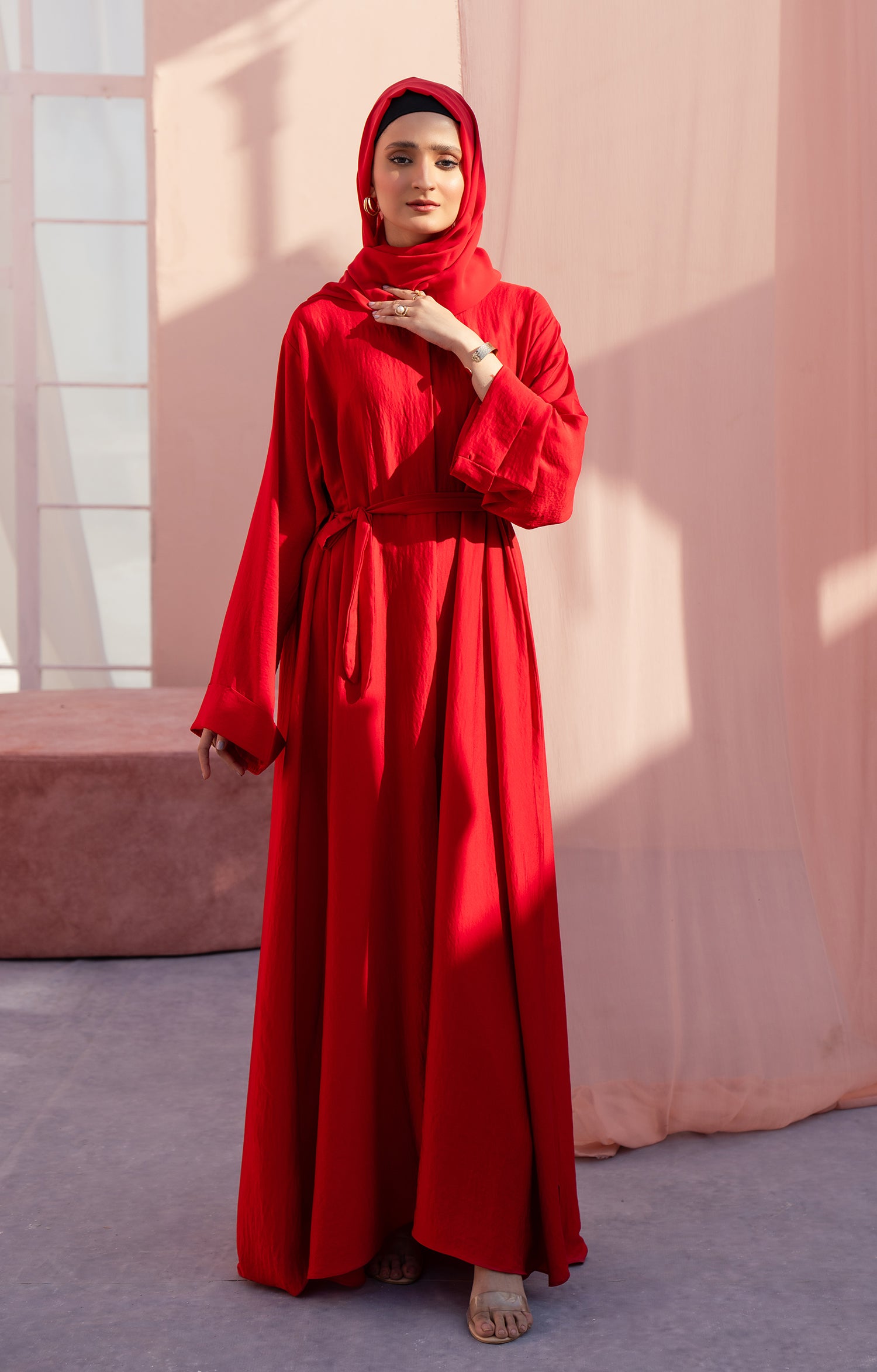 RED BLUSH FRONT OPEN ABAYA