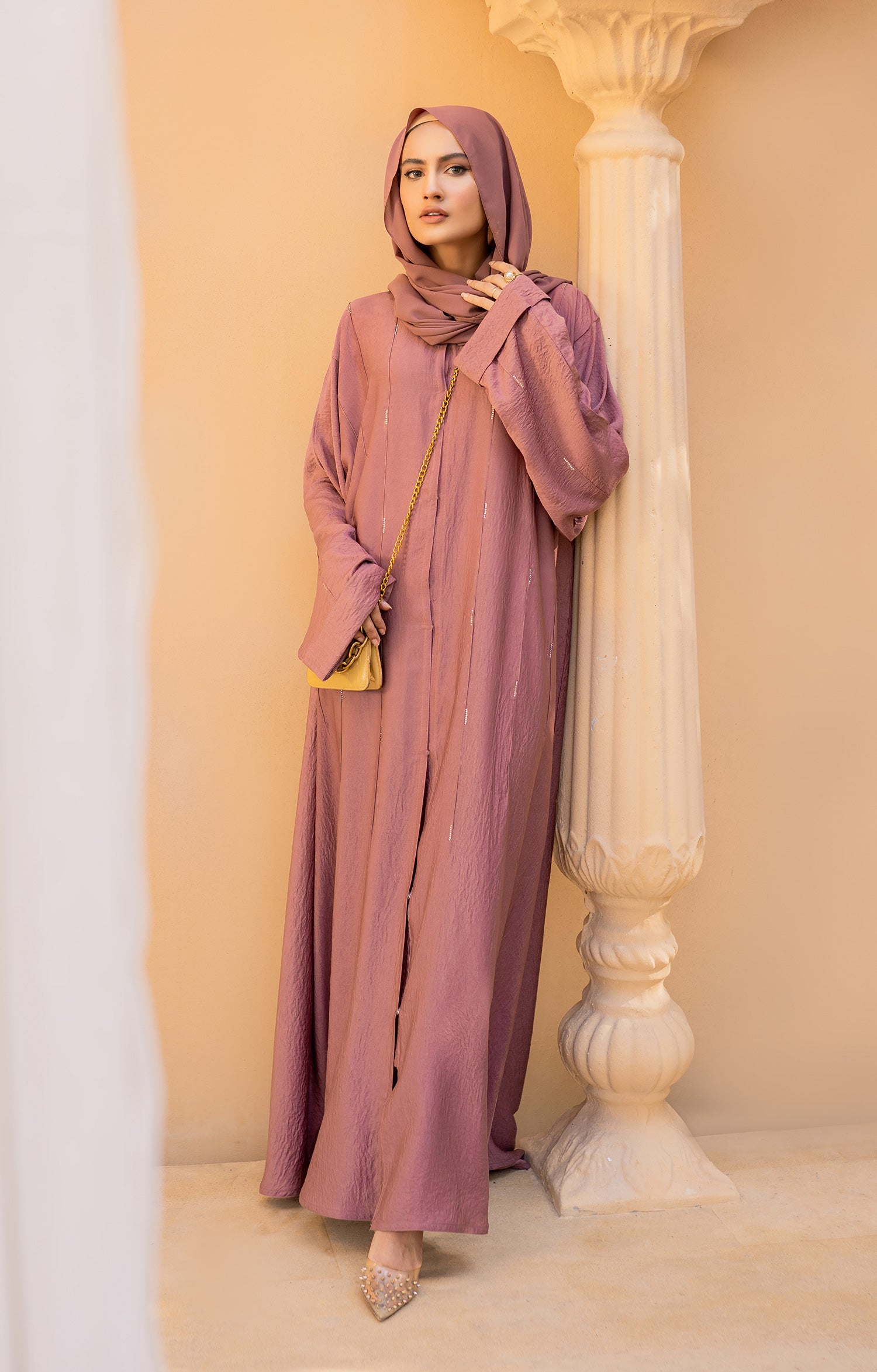 PINK SUEDE FRONT OPEN ABAYA