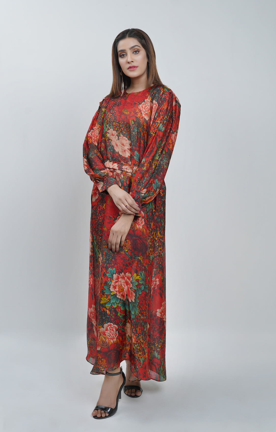 Red Empress Floral Modest Dress