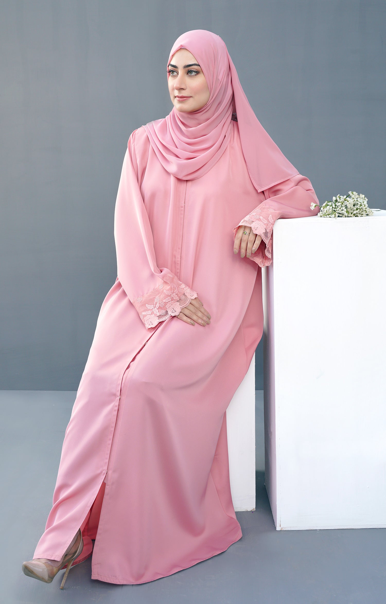 Camellia Pink Front Open Abaya