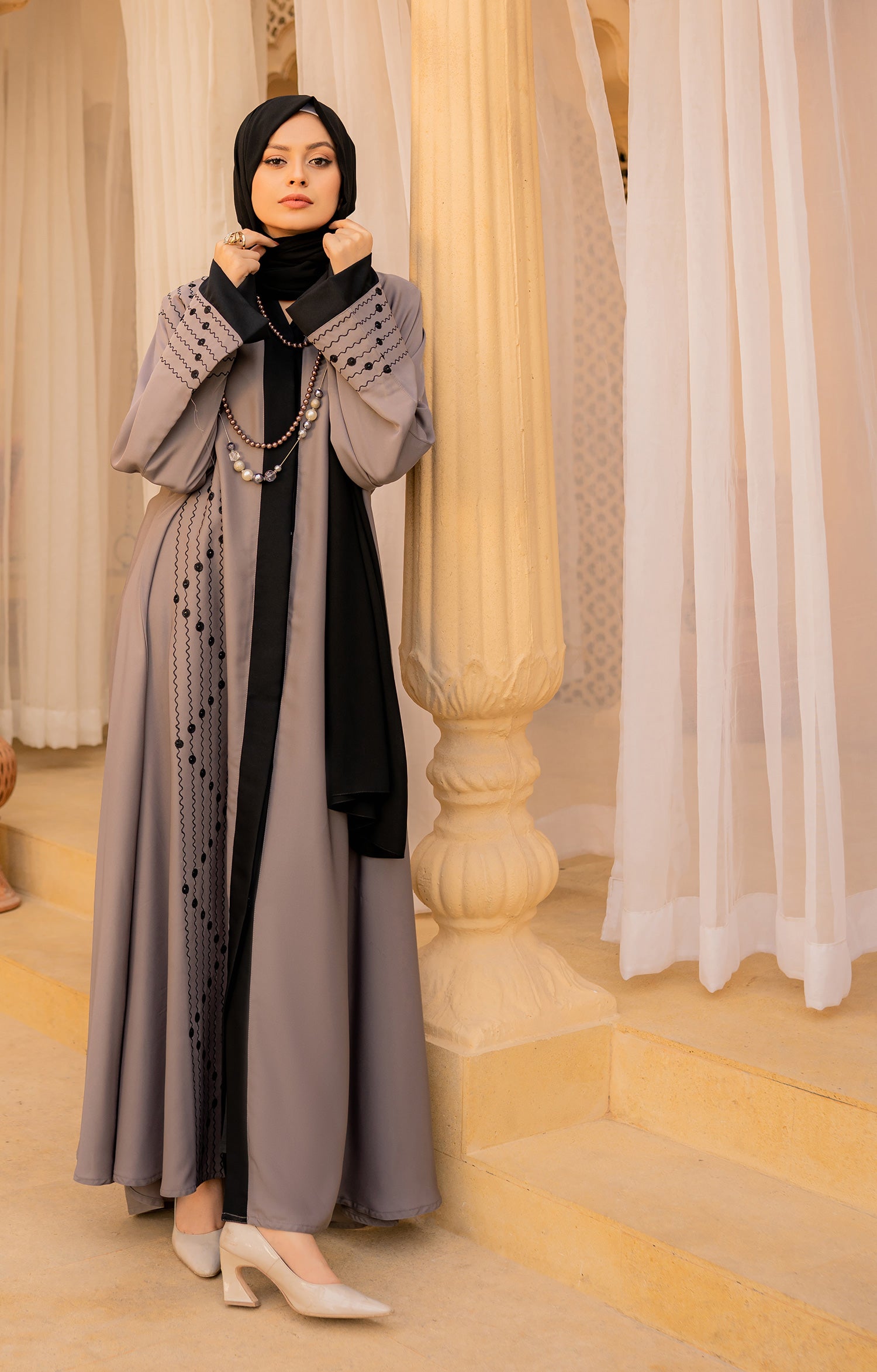 GREY PERSE FRONT OPEN ABAYA