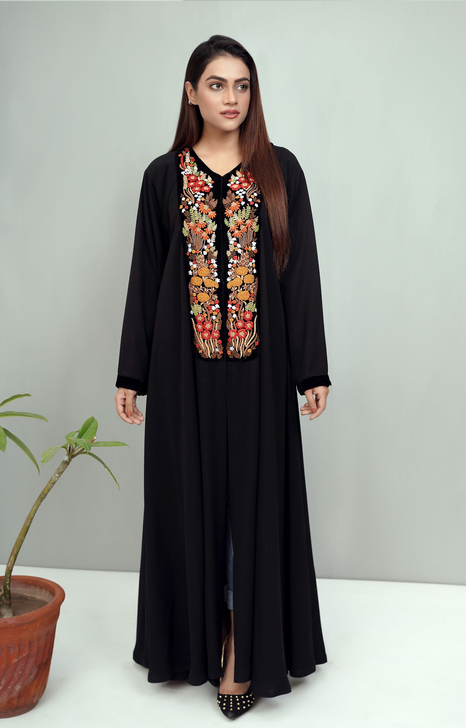 Luxury front embroidered velvet abaya