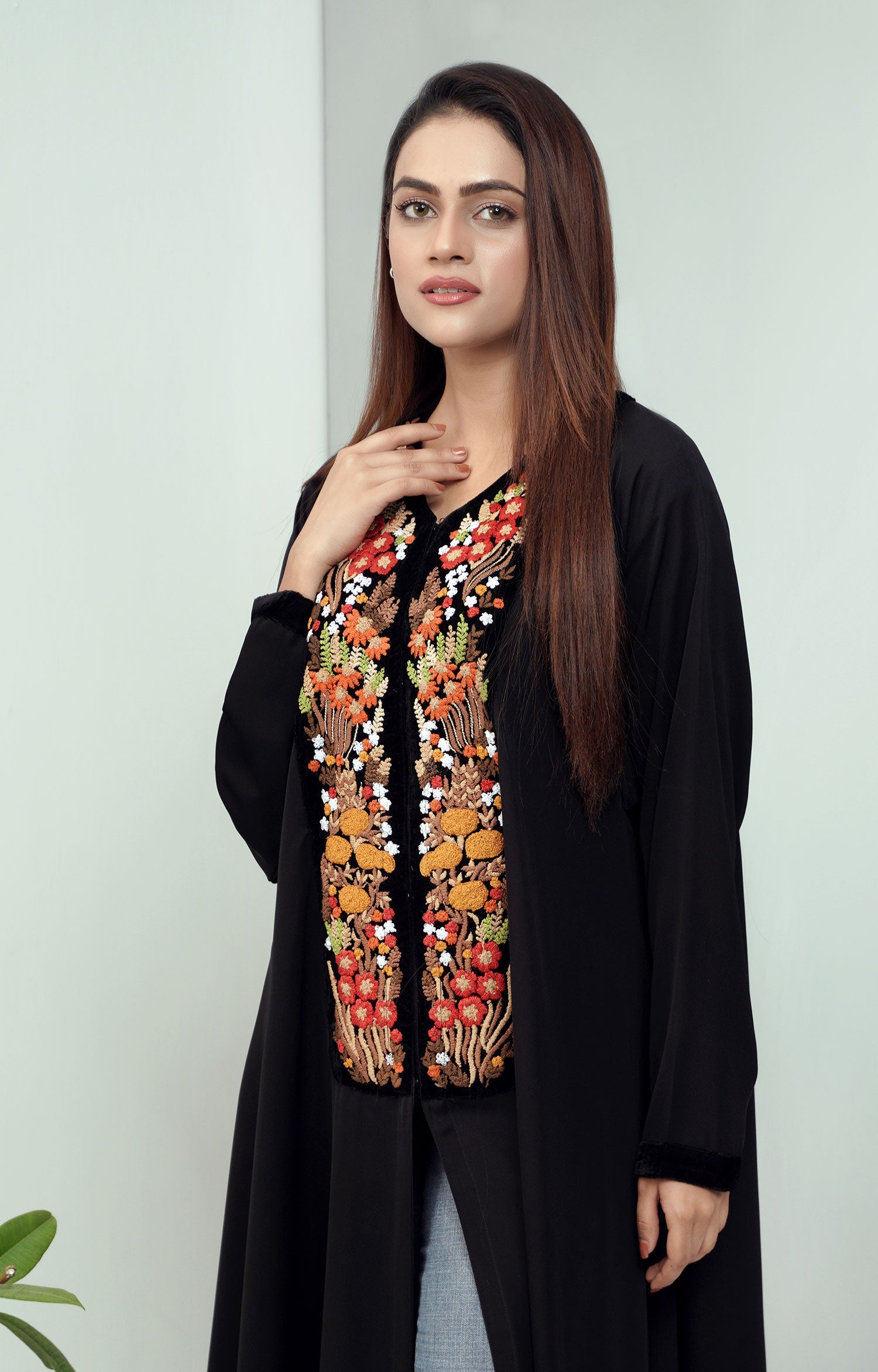 Luxury front embroidered velvet abaya